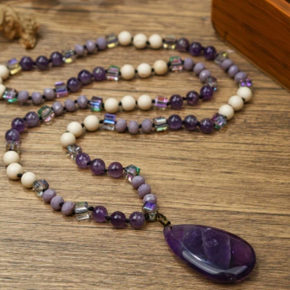Jewelry - New 30in Amethyst Beaded Necklace with Pendant